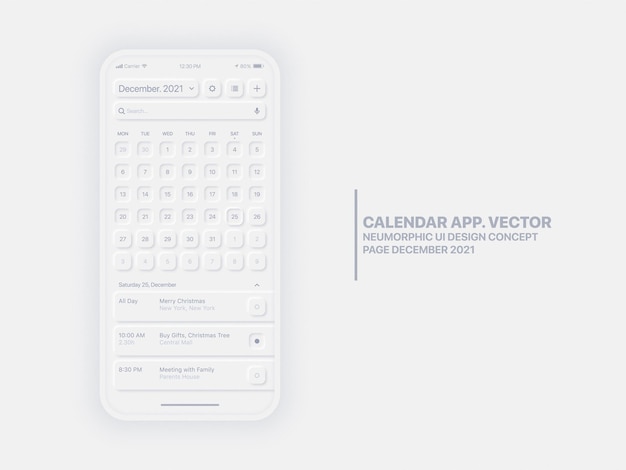 Calendario Página de la aplicación móvil Diciembre con el Administrador de tareas Plantilla de diseño neumorphic UI UX conceptual