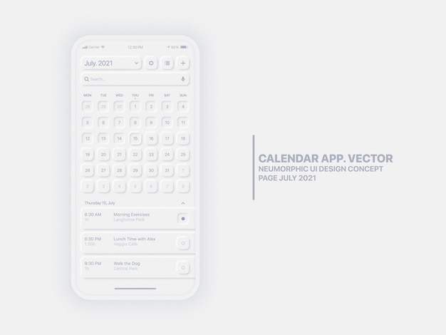 Calendario de la página de la aplicación móvil de julio con el Administrador de tareas Diseño neumorphic UI UX conceptual