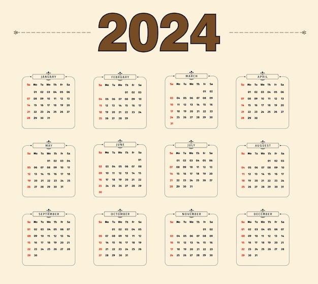 Vector calendario de páginas 2024 de estilo minimalista para año nuevo.