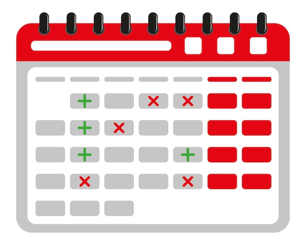 Calendario de papel plano en estilo plano sobre fondo blanco Con marca de verificación y cruz Imagen en color plano del calendario de papelería