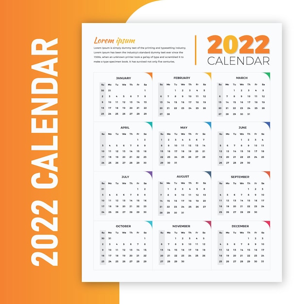 Calendario de pared 2022 listo para imprimir en amarillo y naranja degradado