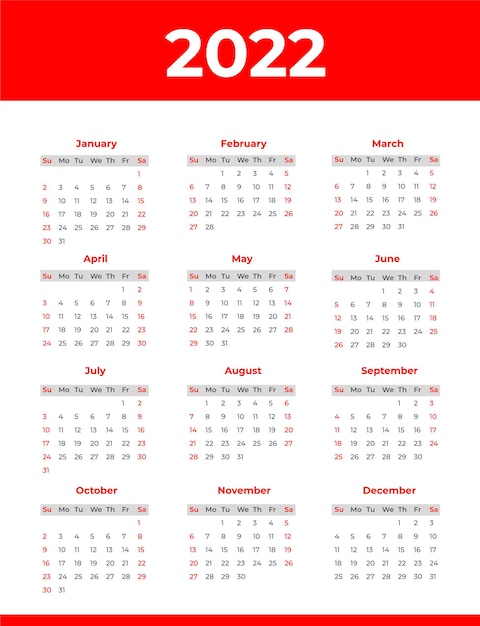 Vector calendario de pared 2022 semana inicio domingo plantilla de planificador de diseño corporativo