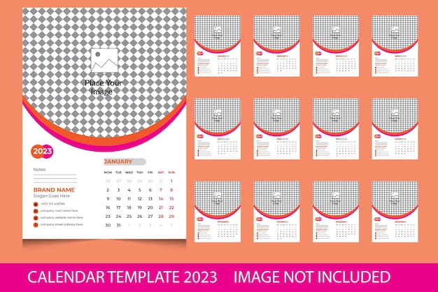 Calendario de pared 2023, calendario de pared de 12 meses 2023, diseño de calendario de pared, calendario incluido de 12 meses
