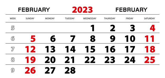 Calendario de pared 2023 para la semana de febrero a partir del domingo