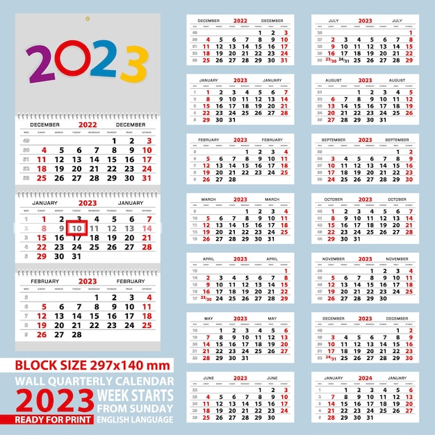 Calendario de pared 2023 semana a partir del domingo Para tamaño A4