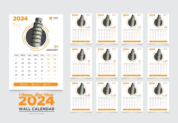 Calendario de pared 2024 Diseño de plantilla Planificador anual 2024