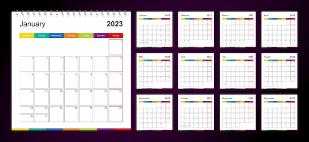 Calendario de pared colorido para 2023 sobre fondo oscuro La semana comienza el lunes