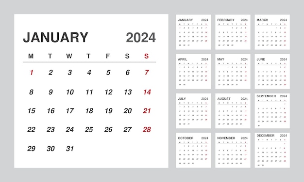 Vector calendario de pared en estilo minimalista plantilla de calendario mensual para el año 2024