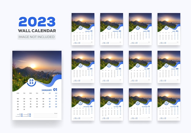 Calendario de pared Horario 2023 o Feliz año nuevo Diseño de plantilla de calendario de pared moderno 2023.