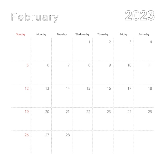 Calendario de pared simple para febrero de 2023 con líneas punteadas El calendario está en inglés semana a partir del domingo