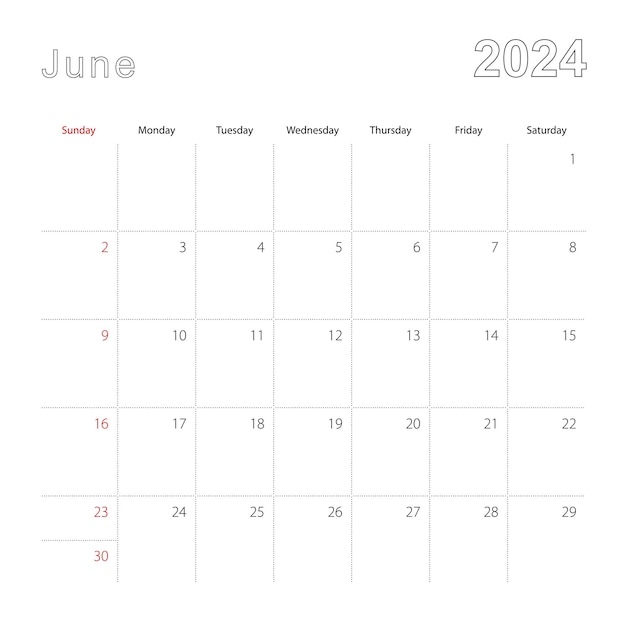 Calendario de pared simple para junio de 2024 con líneas punteadas