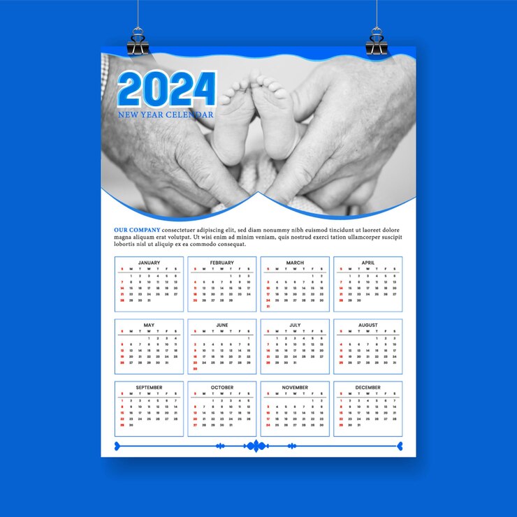 Calendario de pared vectorial gratuito calendario de página de 2024 para el Año Nuevo