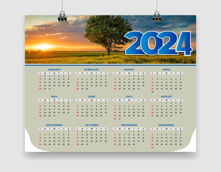 Calendario de pared vectorial gratuito calendario de página de 2024 para el Año Nuevo