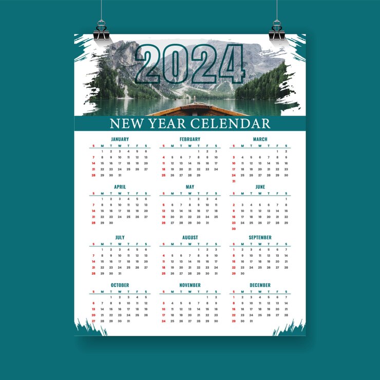 Calendario de pared vectorial gratuito calendario de página de 2024 para el Año Nuevo