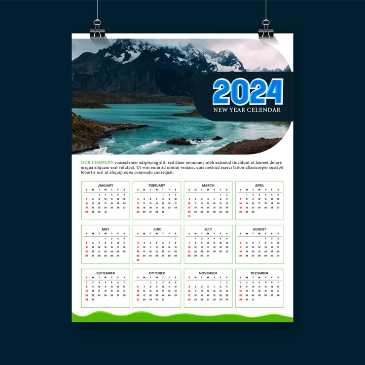 Calendario de pared vectorial gratuito calendario de página de 2024 para el Año Nuevo