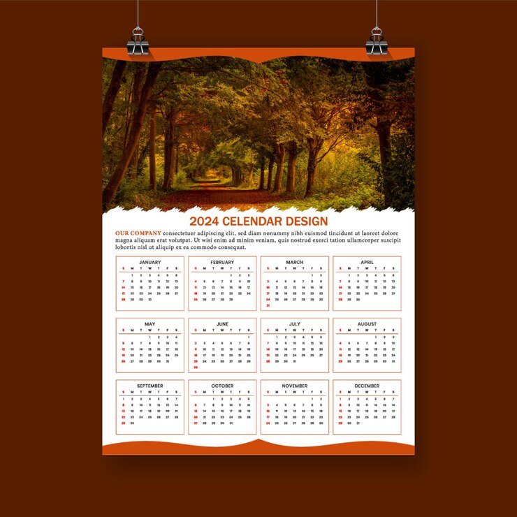 Calendario de pared vectorial gratuito calendario de página de 2024 para el Año Nuevo