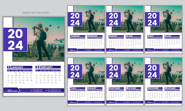 Calendario de pared vectorial simple de una sola página de 2024 con color degradado