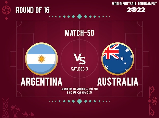 Vector calendario de partidos, argentina vs australia en octavos de final, campeonato mundial de fútbol de qatar 2022.