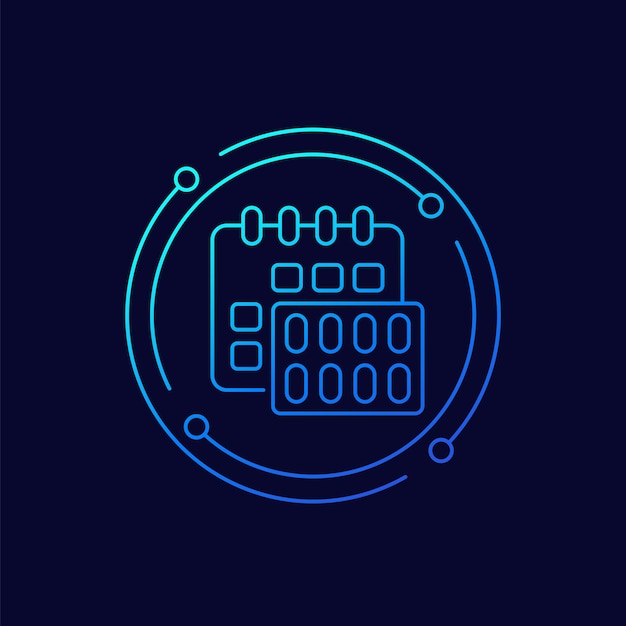 Calendario y píldoras de icono de vector de línea de horario de medicación
