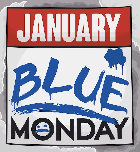 Calendario pintado con pintura azul y cara triste volando en un tiempo tormentoso en el Lunes Azul