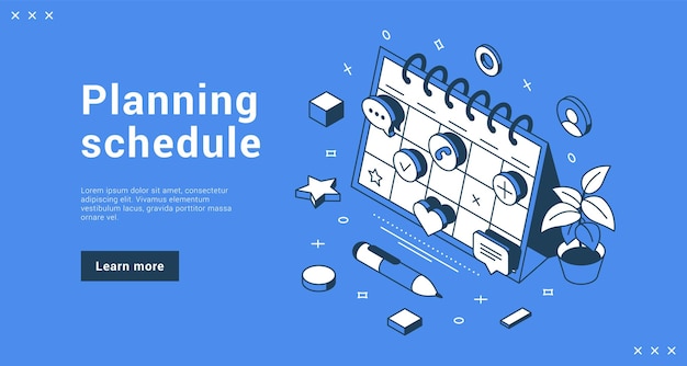 Calendario de planificación que llena la ilustración de vector isométrica de la página de inicio de banner de Internet de campaña de reuniones y eventos importantes. Proceso de organización de negocios de calendario con trabajo de oficina de mensajes de memo