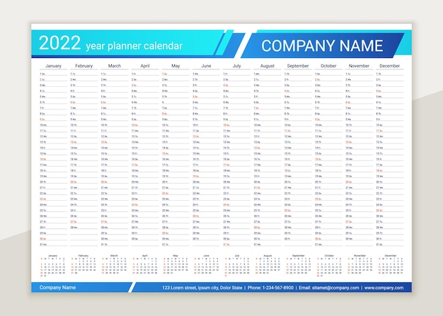 Calendario planificador de 2022 años. calendario organizador anual. ilustración vectorial.