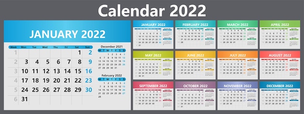 Calendario planificador para 2022 con números de semana Plantilla para un calendario de pared para una empresa