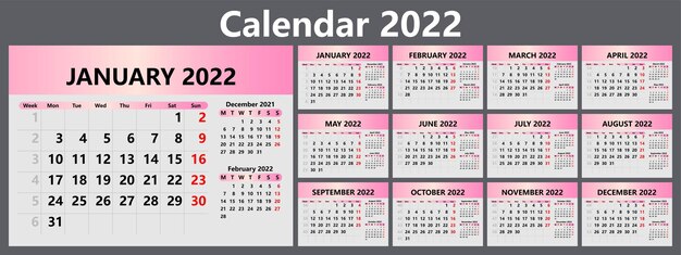 Vector calendario planificador para 2022 con números de semana plantilla para un calendario de pared para una empresa