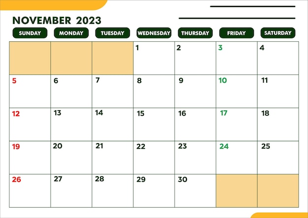 Vector calendario de plantilla a4 a3 para planificación o agenda o recordatorio de noviembre de 2023