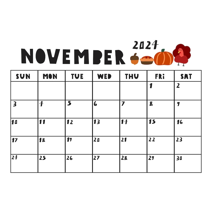 Vector calendario de plantillas dibujado a mano de noviembre de 2024 planificador mensual ilustración sobre fondo blanco