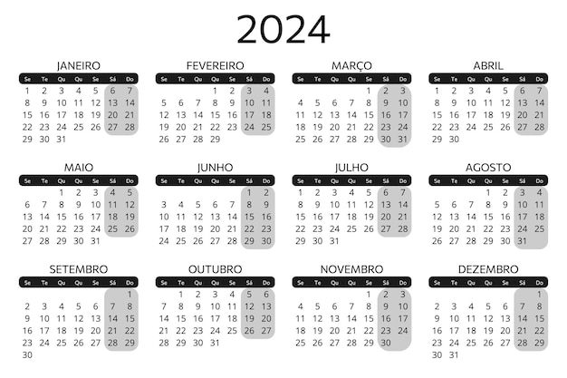 Vector calendario portugués de 2024 ilustración de plantilla vectorial simple para portugal horizontal