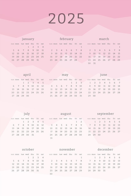 Vector calendario rosa vertical para el año 2025 siluetas de montañas fondo colorido degradado abstracto diseño de calendario para impresión y digital la semana comienza el domingo