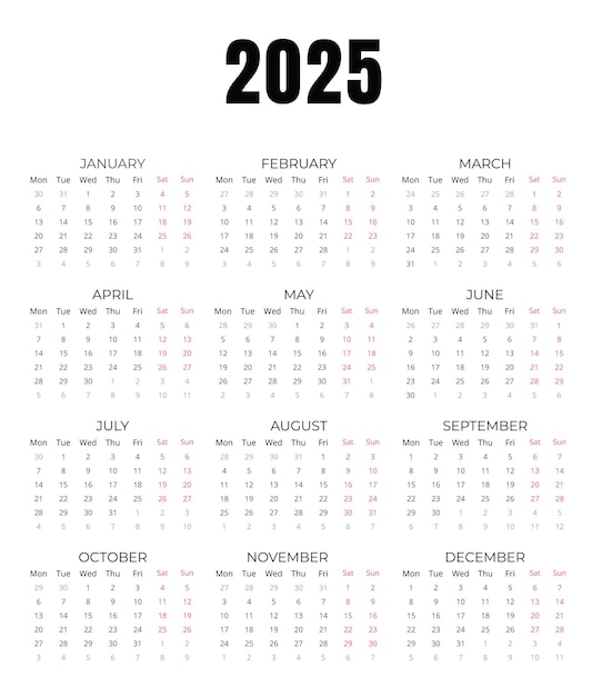 Calendario para la semana de 2025 comienza el lunes Vector Premium