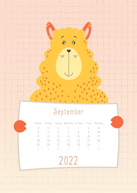 calendario de septiembre de 2022 lindo animal llama sosteniendo una hoja de calendario mensual estilo infantil dibujado a mano