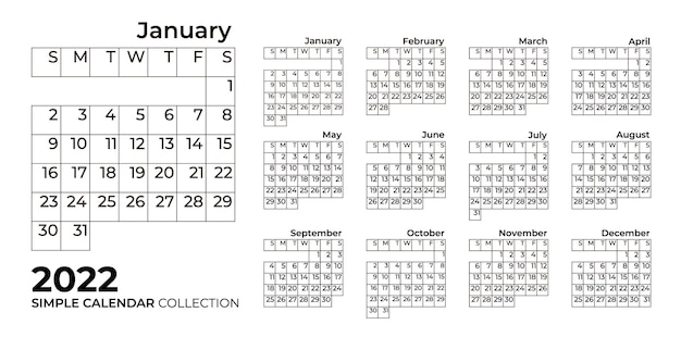Calendario simple 2022 con cuadrícula