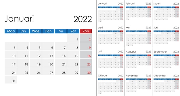Calendario simple 2022 en holandés, la semana comienza el lunes. plantilla de vector