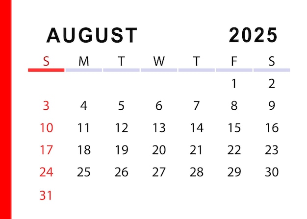 Calendario simple de agosto de 2025 comienzo del domingo Diseño vectorial