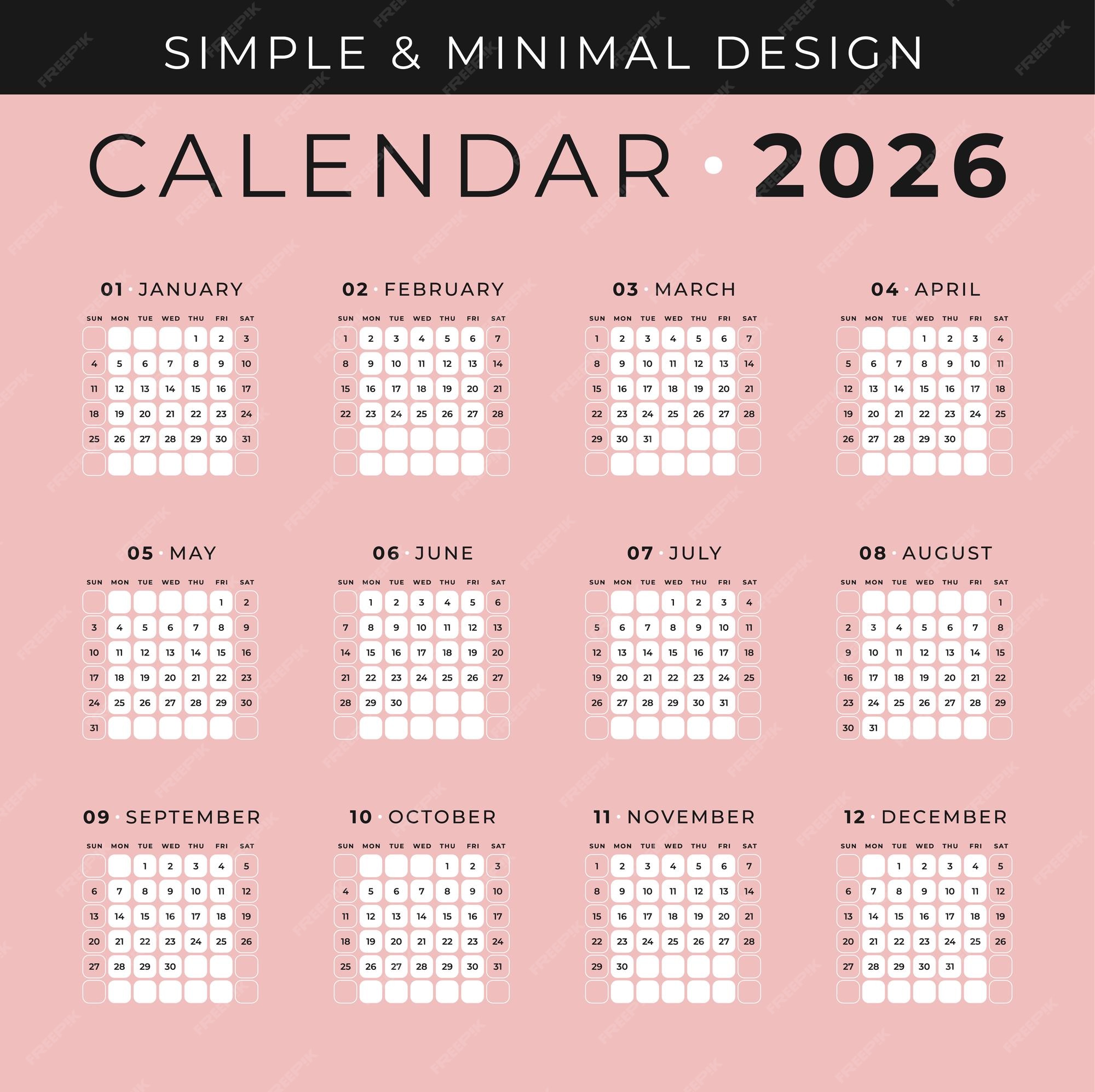 Calendario simple y mínimo 2026 Vector Premium