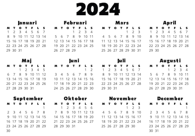 Vector calendario sueco para 2024 ilustración vectorial imprimible y editable para suecia 12 meses año calendario