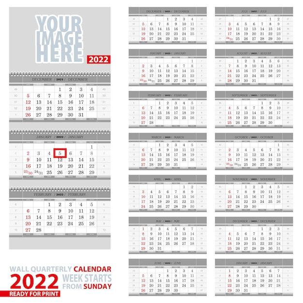 Calendario trimestral de pared 2022. Inicio de semana desde el domingo, listo para imprimir.