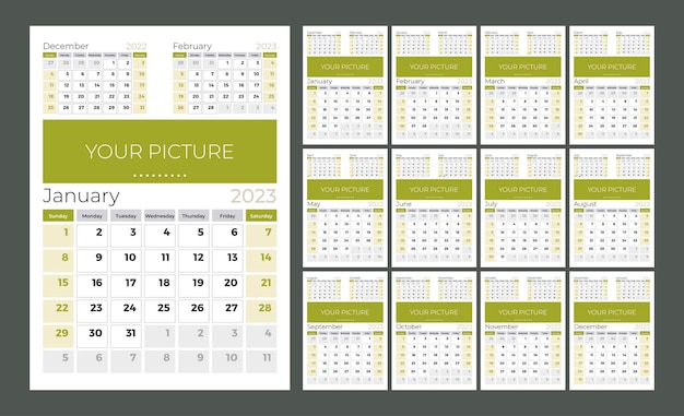 Calendario trimestral vertical para 2023 la semana comienza el domingo un conjunto de 12 páginas plantilla vectorial