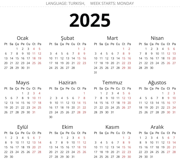 Vector calendario turco del año 2025 ilustración vectorial imprimible y editable turquía