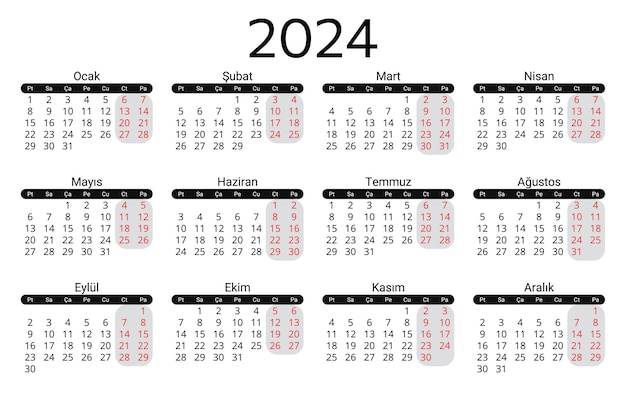 Calendario de Turquía para 2024 Ilustración vectorial imprimible y editable para Turquía