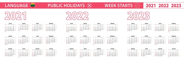 Calendario vectorial de 2021, 2022, 2023 años en idioma lituano, la semana comienza el domingo.