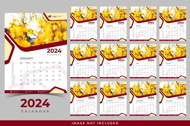 Calendario vectorial 2024 con pared de fondo brillante calendario moderno