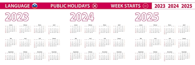 Calendario vectorial del año 2023 2024 2025 en lengua eslovena la semana comienza el domingo