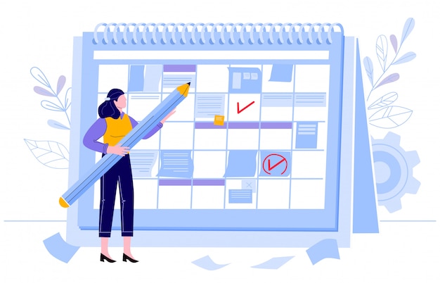 Calendario de verificación de mujer de negocios. día de planificación, planificador de proyectos de mes de trabajo y calendarios de verificación de eventos. personaje femenino con ilustración de lápiz. programación de tareas, gestión de la organización.