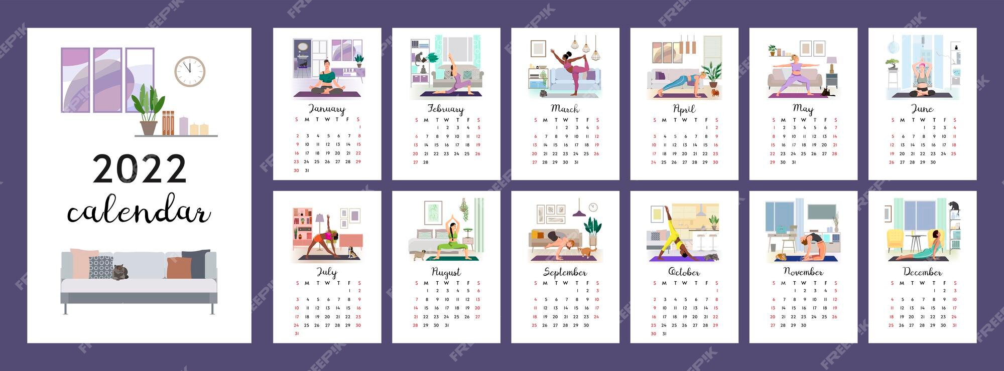 Calendario vertical 2022 mujeres haciendo yoga en casa imagen de cada mes |  Vector Premium