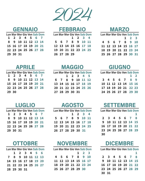 Calendario vertical clásico 2024 en italiano Días semanas y meses Vector de plantilla de impresión