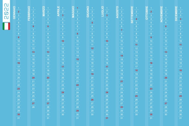 Calendario vertical de una fila para el año 2022 en italiano. calendario italiano para 2022 con domingos destacados.